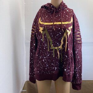 Switch Remarkable Burgundy Splatter Print Hoodie With Golden Bull Design Size L